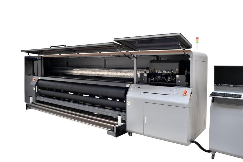 TurboGroßformatiger Rolle-zu-Rolle-LED-UV-Drucker 3200 RTR von SIGNRACER Vorne rechts mit geöffneter Abdeckung