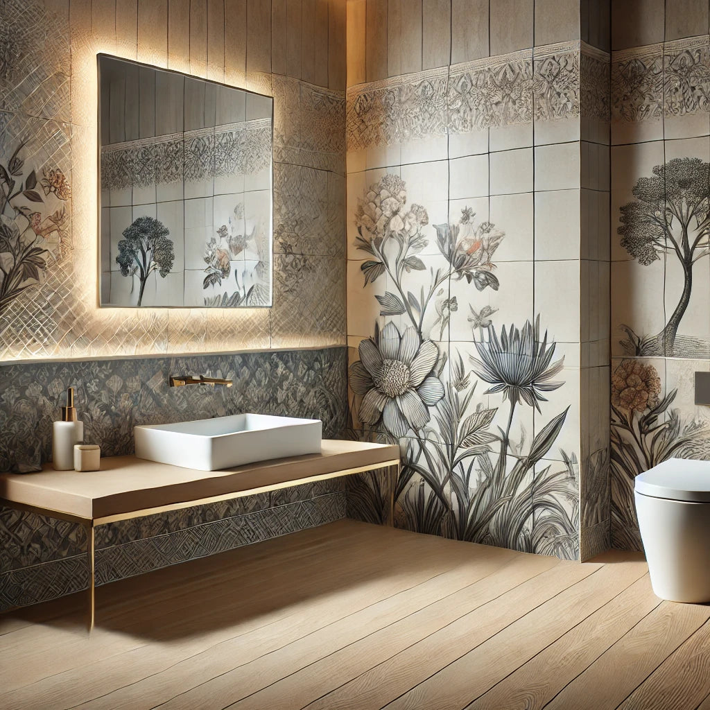 stylish interior design scene showcasing digitally printed ceramic tiles in a modern bathroom. The walls feature tiles with intricate floral pattern